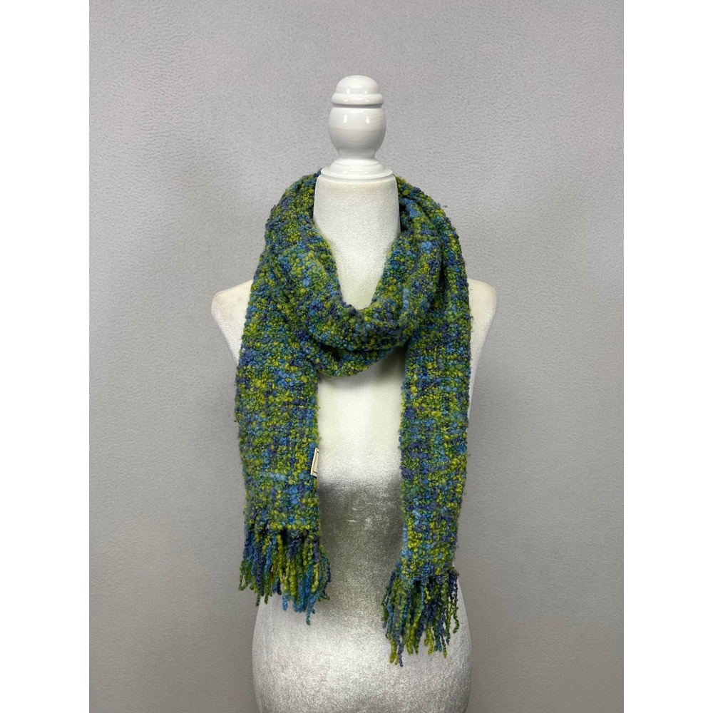 Boho Cottagecore Mucros Weavers OS Green Blue Boucle Fringed Wool Scarf